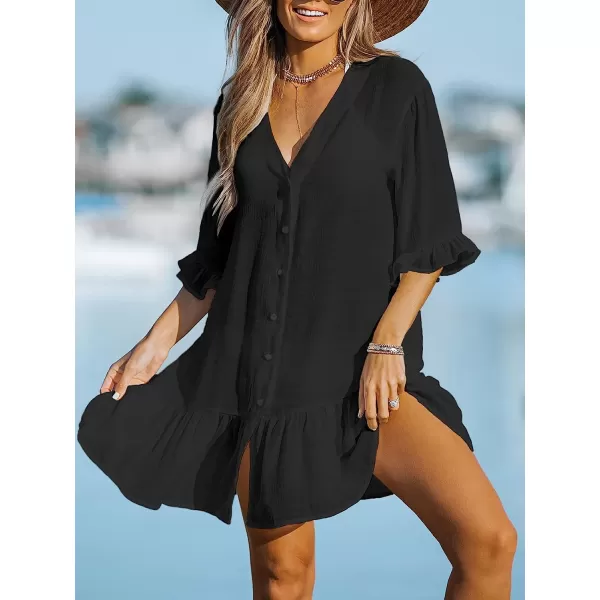 imageCUPSHE Womens V Neck Ruffled Cover Up Button Down Bathing Suit Beach Dress with Short SleevesBlack
