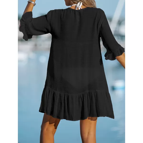 imageCUPSHE Womens V Neck Ruffled Cover Up Button Down Bathing Suit Beach Dress with Short SleevesBlack