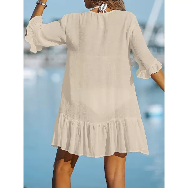 imageCUPSHE Womens V Neck Ruffled Cover Up Button Down Bathing Suit Beach Dress with Short SleevesLight Brown