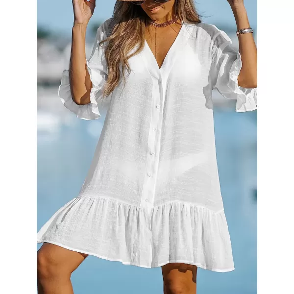 imageCUPSHE Womens V Neck Ruffled Cover Up Button Down Bathing Suit Beach Dress with Short SleevesWhite