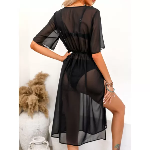 imageCUPSHE Womens V Neck See Through Bathing Suit Cover Up Chiffon Lace Summer Beach Dress CoversBlack