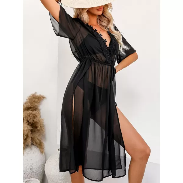 imageCUPSHE Womens V Neck See Through Bathing Suit Cover Up Chiffon Lace Summer Beach Dress CoversBlack