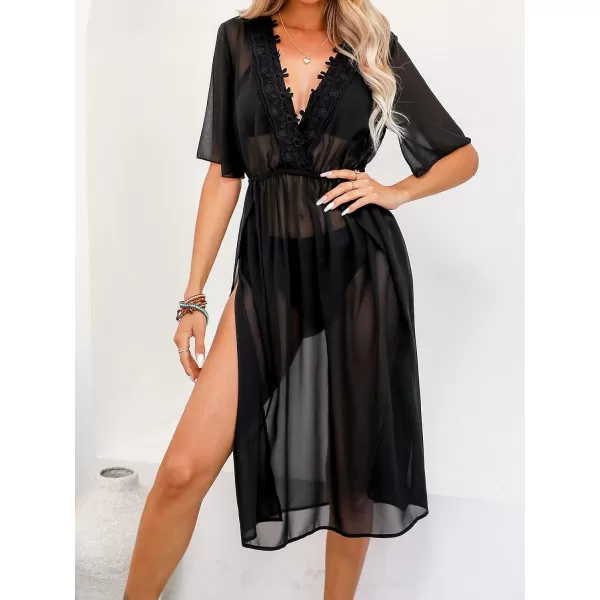 imageCUPSHE Womens V Neck See Through Bathing Suit Cover Up Chiffon Lace Summer Beach Dress CoversBlack