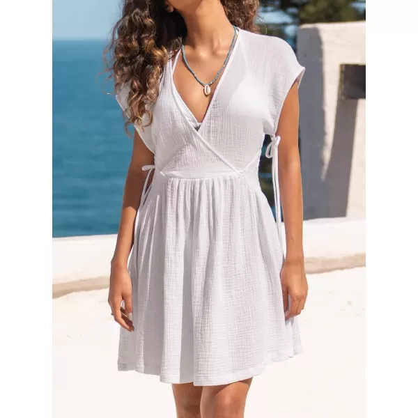 imageCUPSHE Womens V Neck Self Tie Cutout Short Dress A Line Mini Short Dolman Sleeves DressWhite