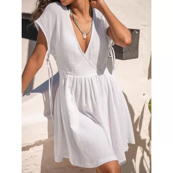 imageCUPSHE Womens V Neck Self Tie Cutout Short Dress A Line Mini Short Dolman Sleeves DressWhite