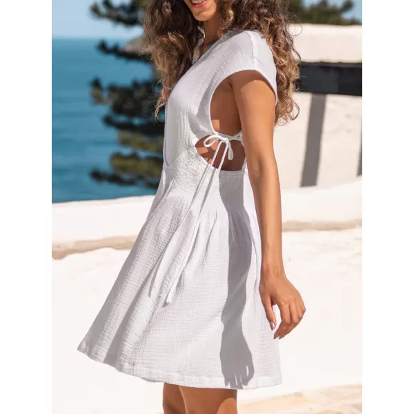 imageCUPSHE Womens V Neck Self Tie Cutout Short Dress A Line Mini Short Dolman Sleeves DressWhite