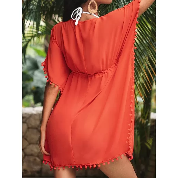 imageCUPSHE Womens V Neck Self Tied Pom Pom CoverUp Short Sleeves Mini DressBurnt Orange