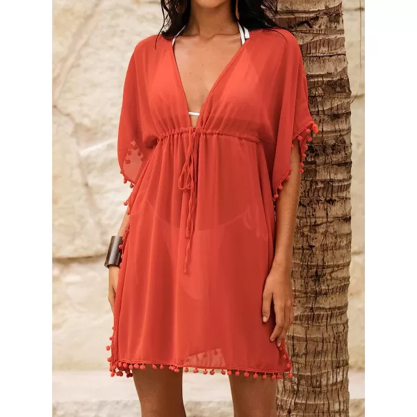 imageCUPSHE Womens V Neck Self Tied Pom Pom CoverUp Short Sleeves Mini DressBurnt Orange
