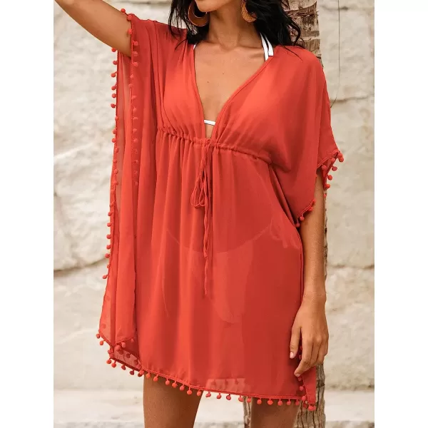 imageCUPSHE Womens V Neck Self Tied Pom Pom CoverUp Short Sleeves Mini DressBurnt Orange