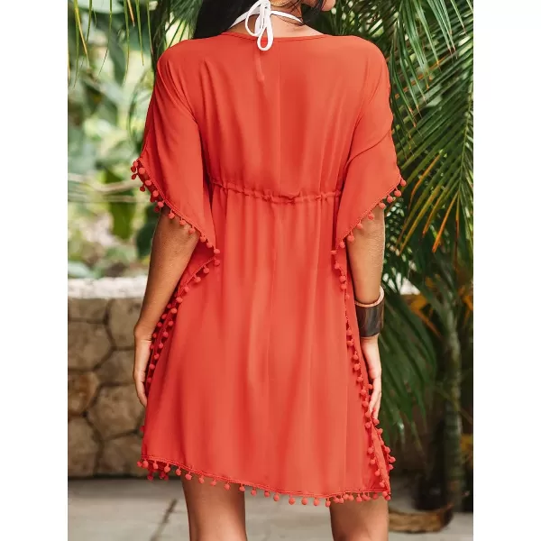imageCUPSHE Womens V Neck Self Tied Pom Pom CoverUp Short Sleeves Mini DressBurnt Orange