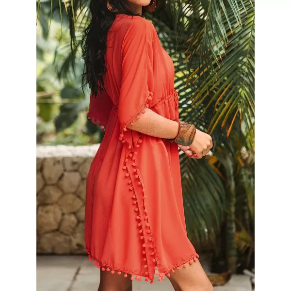 imageCUPSHE Womens V Neck Self Tied Pom Pom CoverUp Short Sleeves Mini DressBurnt Orange
