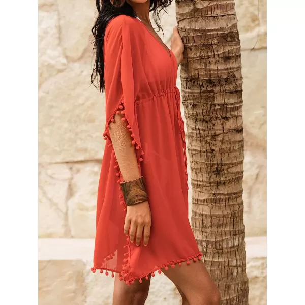 imageCUPSHE Womens V Neck Self Tied Pom Pom CoverUp Short Sleeves Mini DressBurnt Orange