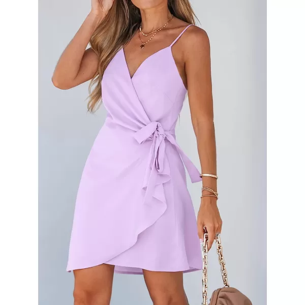 imageCUPSHE Womens V Neck SelfTie Pleated Short Dress Sleeveless Adjustable Cami Straps Mini DressLilac