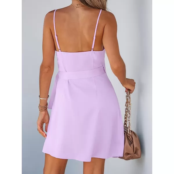 imageCUPSHE Womens V Neck SelfTie Pleated Short Dress Sleeveless Adjustable Cami Straps Mini DressLilac
