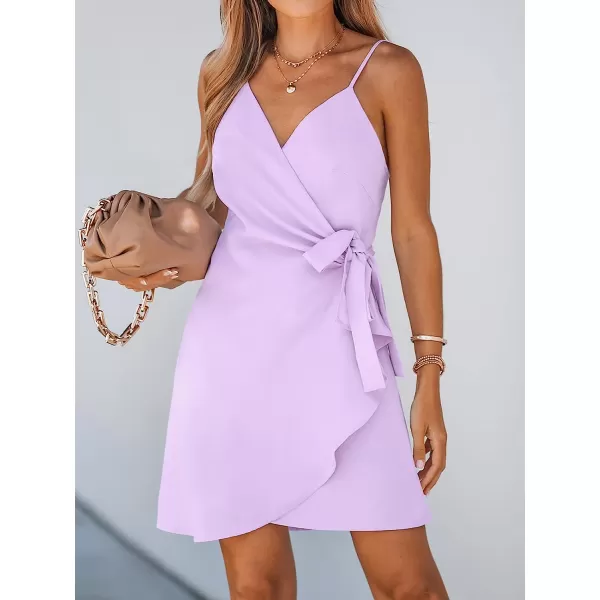 imageCUPSHE Womens V Neck SelfTie Pleated Short Dress Sleeveless Adjustable Cami Straps Mini DressLilac