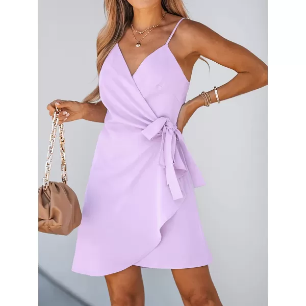imageCUPSHE Womens V Neck SelfTie Pleated Short Dress Sleeveless Adjustable Cami Straps Mini DressLilac