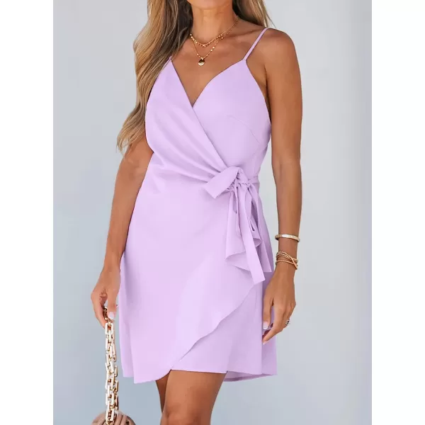 imageCUPSHE Womens V Neck SelfTie Pleated Short Dress Sleeveless Adjustable Cami Straps Mini DressLilac