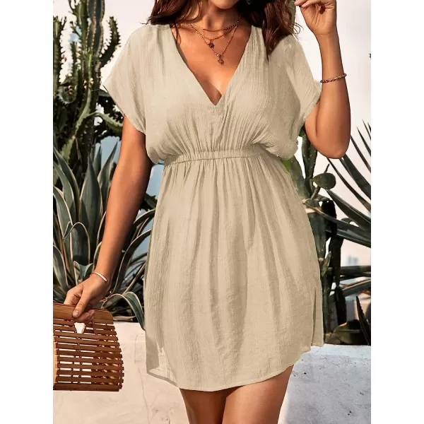 imageCUPSHE Womens V Neck Shadow Striped Elastic Waist Cover Up Dress Short Sleeve Beach Mini DressBeige
