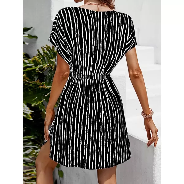imageCUPSHE Womens V Neck Shadow Striped Elastic Waist Cover Up Dress Short Sleeve Beach Mini DressBlack Stripes