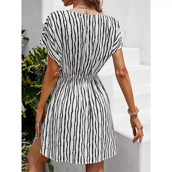 imageCUPSHE Womens V Neck Shadow Striped Elastic Waist Cover Up Dress Short Sleeve Beach Mini DressBlack amp White
