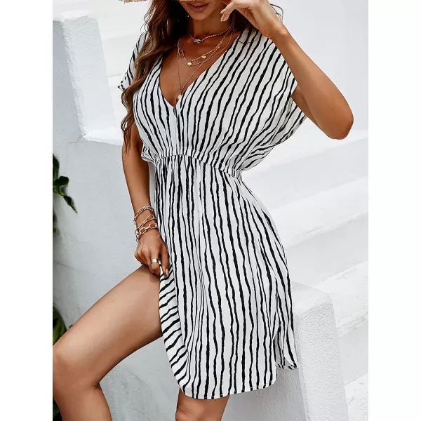 imageCUPSHE Womens V Neck Shadow Striped Elastic Waist Cover Up Dress Short Sleeve Beach Mini DressBlack amp White
