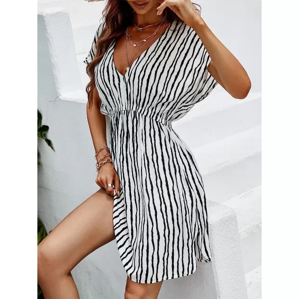 imageCUPSHE Womens V Neck Shadow Striped Elastic Waist Cover Up Dress Short Sleeve Beach Mini DressBlack amp White