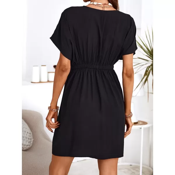imageCUPSHE Womens V Neck Shadow Striped Elastic Waist Cover Up Dress Short Sleeve Beach Mini DressBlack01