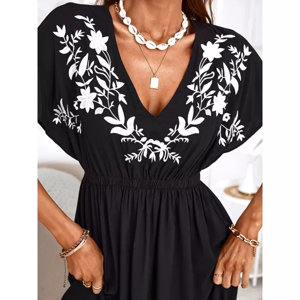 imageCUPSHE Womens V Neck Shadow Striped Elastic Waist Cover Up Dress Short Sleeve Beach Mini DressBlack01