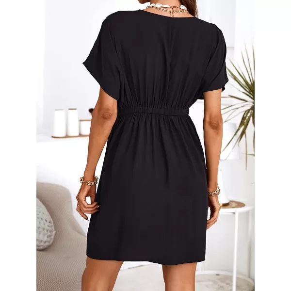 imageCUPSHE Womens V Neck Shadow Striped Elastic Waist Cover Up Dress Short Sleeve Beach Mini DressBlack01