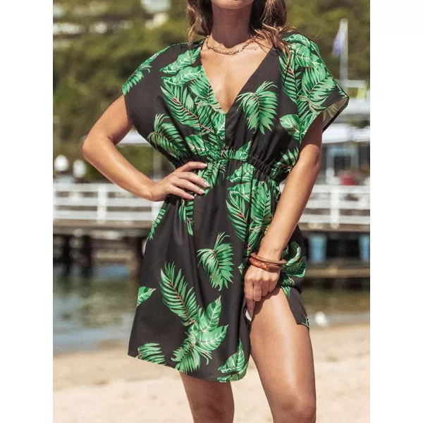 imageCUPSHE Womens V Neck Shadow Striped Elastic Waist Cover Up Dress Short Sleeve Beach Mini DressBlack02