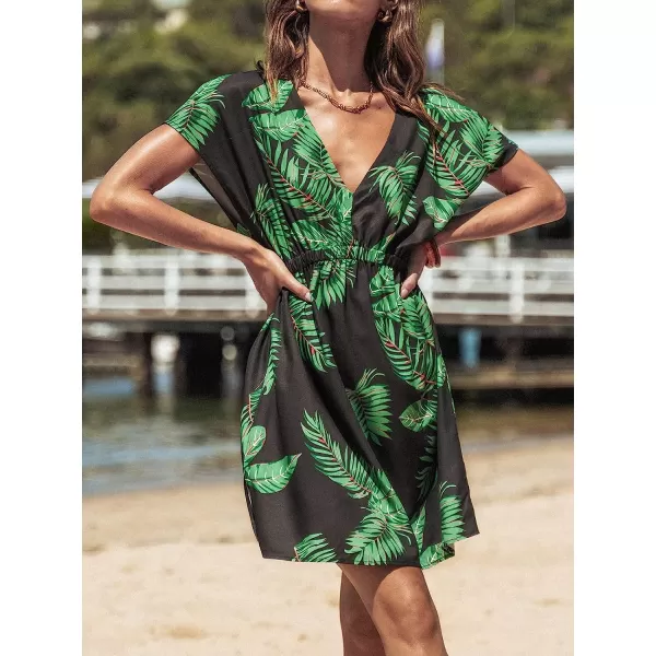 imageCUPSHE Womens V Neck Shadow Striped Elastic Waist Cover Up Dress Short Sleeve Beach Mini DressBlack02