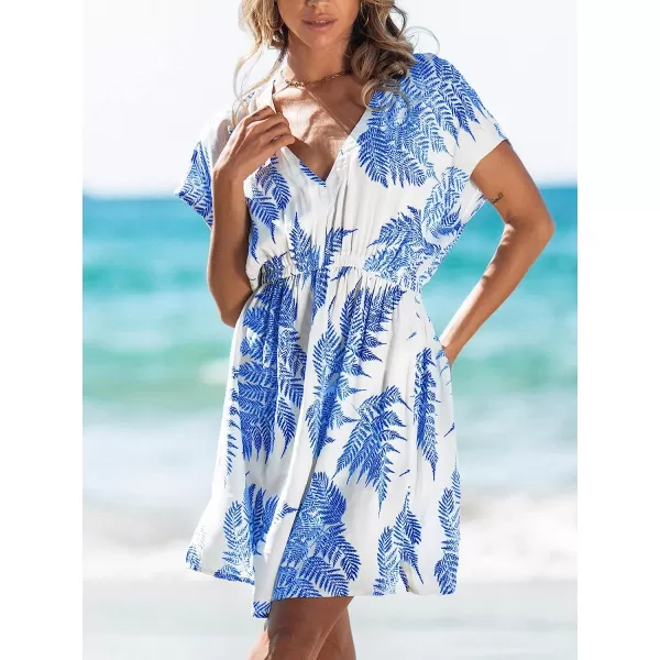 imageCUPSHE Womens V Neck Shadow Striped Elastic Waist Cover Up Dress Short Sleeve Beach Mini DressBlue Leaves