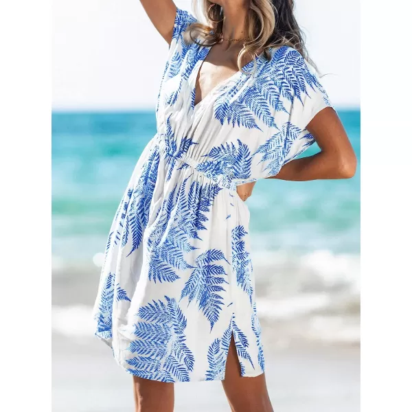 imageCUPSHE Womens V Neck Shadow Striped Elastic Waist Cover Up Dress Short Sleeve Beach Mini DressBlue Leaves