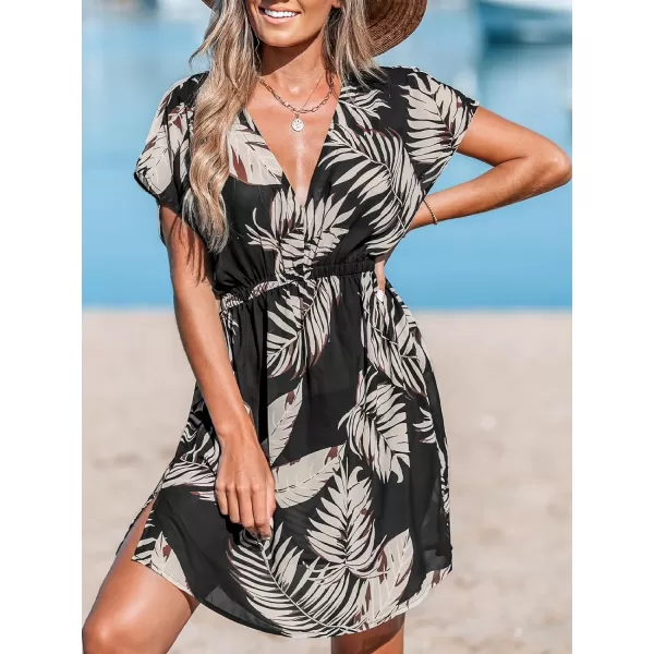 imageCUPSHE Womens V Neck Shadow Striped Elastic Waist Cover Up Dress Short Sleeve Beach Mini DressBrown Leaf