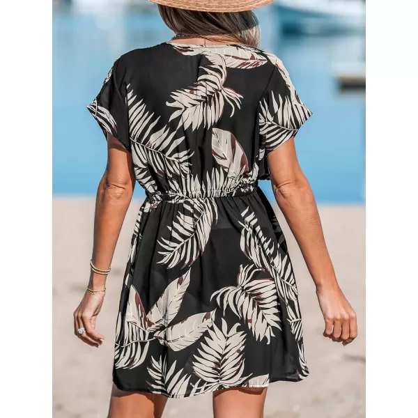 imageCUPSHE Womens V Neck Shadow Striped Elastic Waist Cover Up Dress Short Sleeve Beach Mini DressBrown Leaf