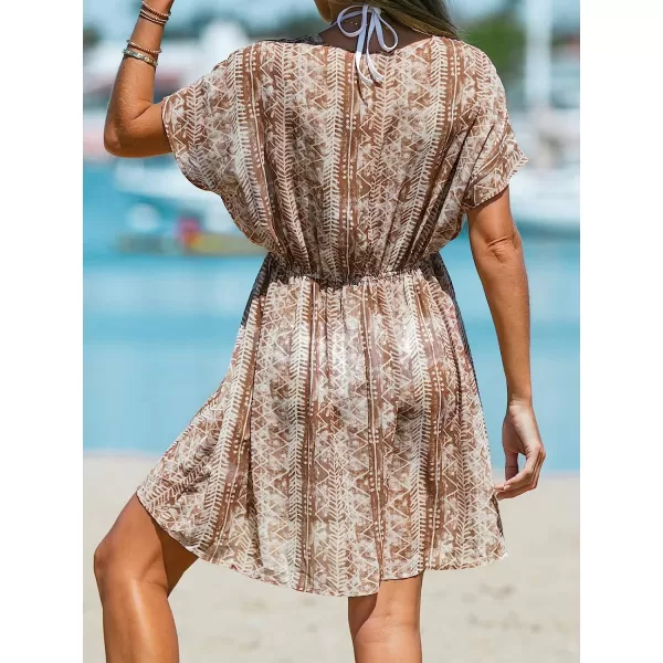 imageCUPSHE Womens V Neck Shadow Striped Elastic Waist Cover Up Dress Short Sleeve Beach Mini DressBrown Stripes