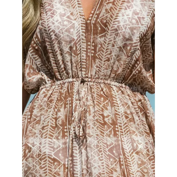 imageCUPSHE Womens V Neck Shadow Striped Elastic Waist Cover Up Dress Short Sleeve Beach Mini DressBrown Stripes
