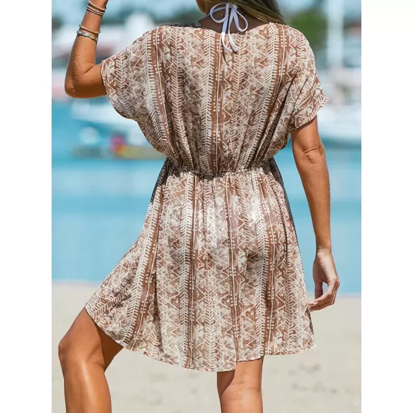 imageCUPSHE Womens V Neck Shadow Striped Elastic Waist Cover Up Dress Short Sleeve Beach Mini DressBrown Stripes