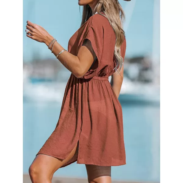 imageCUPSHE Womens V Neck Shadow Striped Elastic Waist Cover Up Dress Short Sleeve Beach Mini DressBurnt Orange