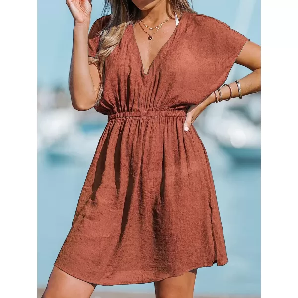 imageCUPSHE Womens V Neck Shadow Striped Elastic Waist Cover Up Dress Short Sleeve Beach Mini DressBurnt Orange