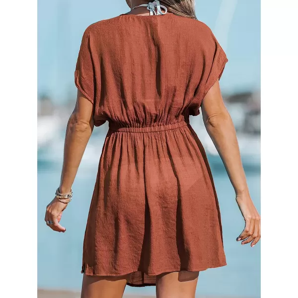 imageCUPSHE Womens V Neck Shadow Striped Elastic Waist Cover Up Dress Short Sleeve Beach Mini DressBurnt Orange