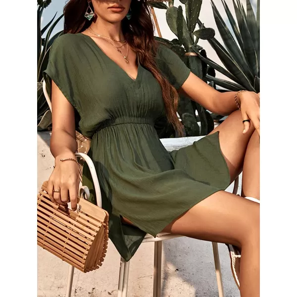 imageCUPSHE Womens V Neck Shadow Striped Elastic Waist Cover Up Dress Short Sleeve Beach Mini DressDark Green
