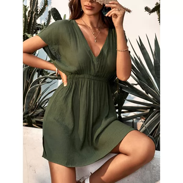 imageCUPSHE Womens V Neck Shadow Striped Elastic Waist Cover Up Dress Short Sleeve Beach Mini DressDark Green