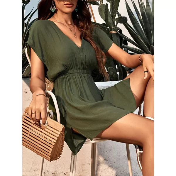 imageCUPSHE Womens V Neck Shadow Striped Elastic Waist Cover Up Dress Short Sleeve Beach Mini DressDark Green