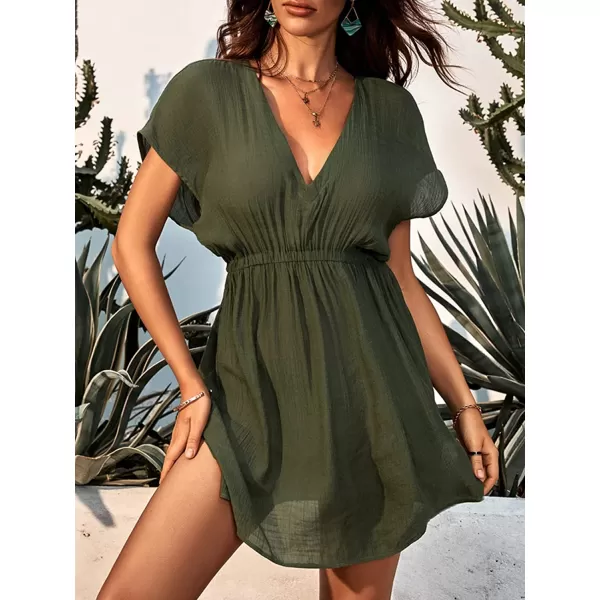 imageCUPSHE Womens V Neck Shadow Striped Elastic Waist Cover Up Dress Short Sleeve Beach Mini DressDark Green