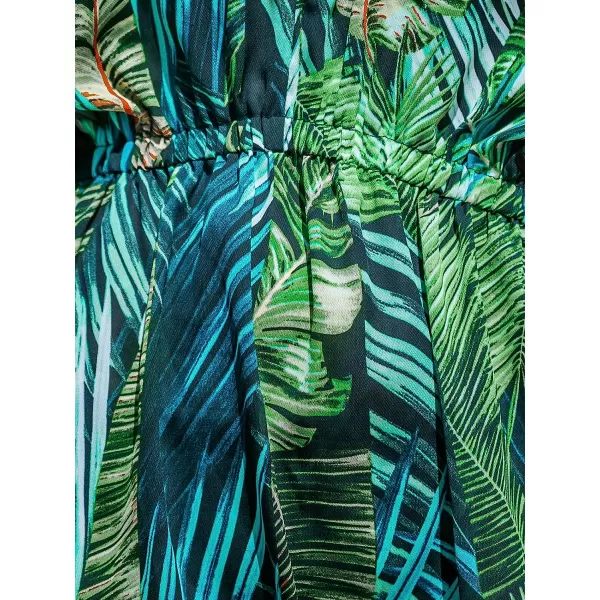 imageCUPSHE Womens V Neck Shadow Striped Elastic Waist Cover Up Dress Short Sleeve Beach Mini DressGreen Leaf