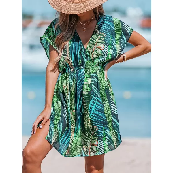 imageCUPSHE Womens V Neck Shadow Striped Elastic Waist Cover Up Dress Short Sleeve Beach Mini DressGreen Leaf