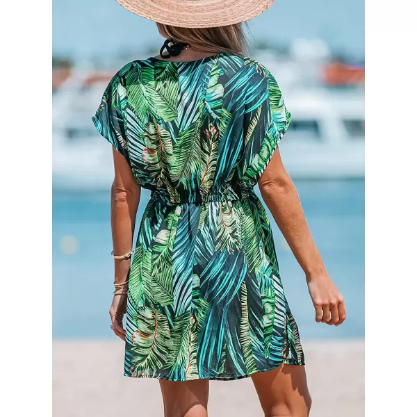 imageCUPSHE Womens V Neck Shadow Striped Elastic Waist Cover Up Dress Short Sleeve Beach Mini DressGreen Leaf