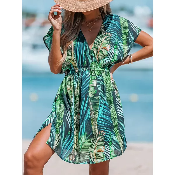 imageCUPSHE Womens V Neck Shadow Striped Elastic Waist Cover Up Dress Short Sleeve Beach Mini DressGreen Leaf