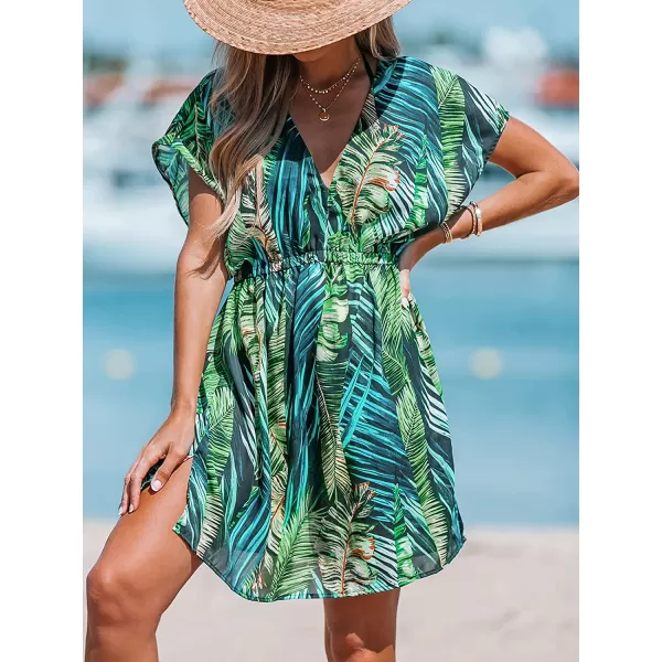 imageCUPSHE Womens V Neck Shadow Striped Elastic Waist Cover Up Dress Short Sleeve Beach Mini DressGreen Leaf
